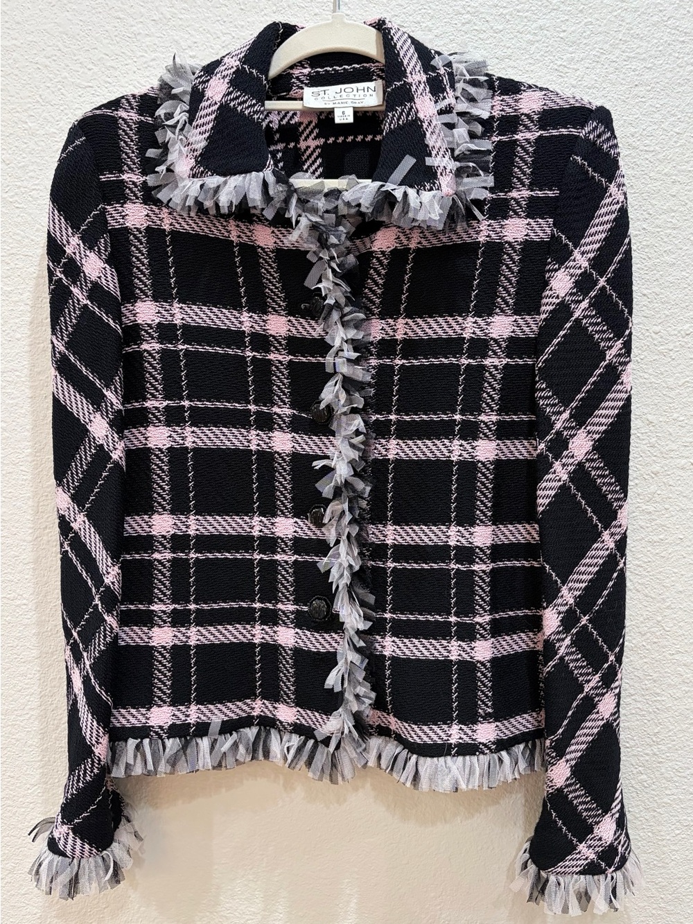 St. John Black and Pink Plaid Tweed Jacket with Fringe Trim